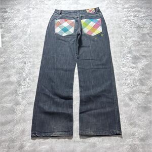 Y2K Coogi Embroidered Patch Work Baggy Wide leg Blue Black Jeans Size 34x34